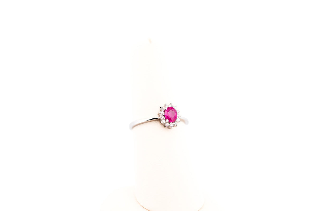 Dainty Oval Ruby & Diamond Halo Engagement Ring in White Gold