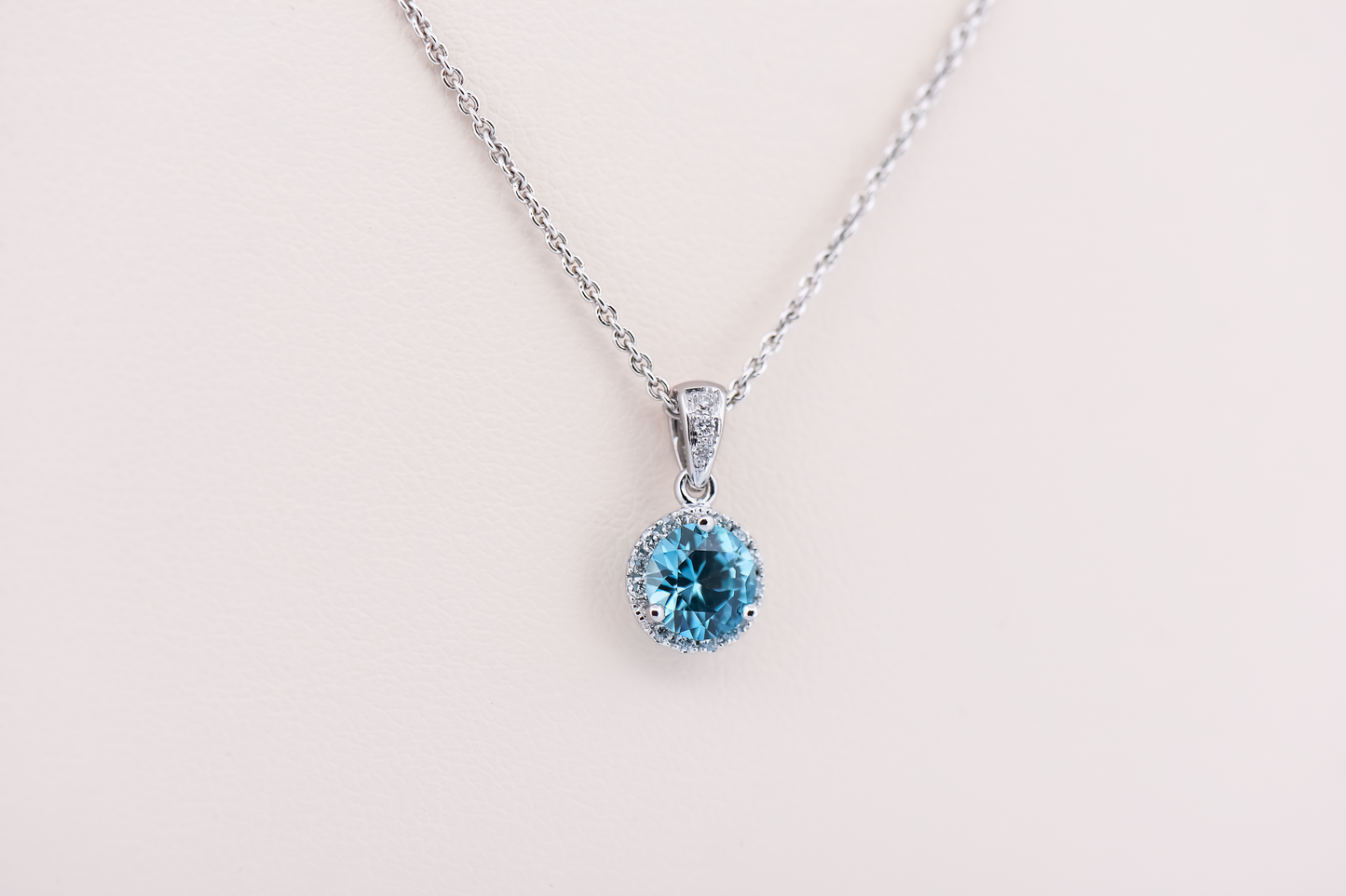 Dainty Round Blue Zircon Pendant with Diamond Halo