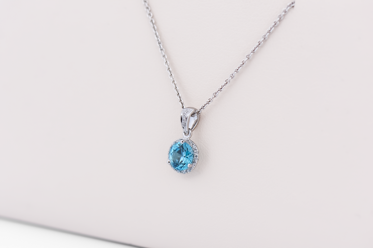 Dainty Round Blue Zircon Pendant with Diamond Halo