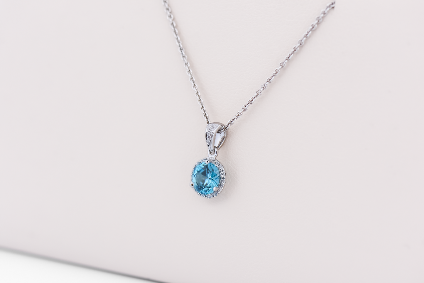 Dainty Round Blue Zircon Pendant with Diamond Halo