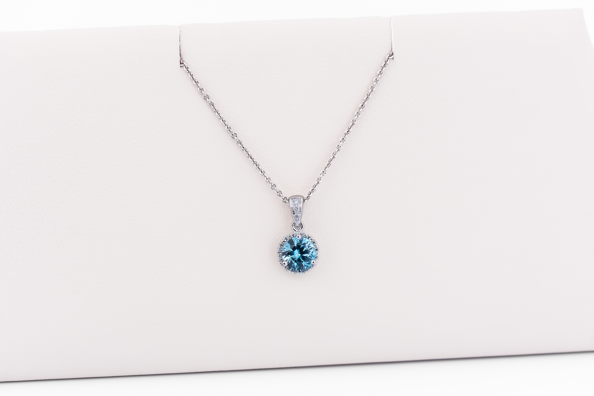 Dainty Round Blue Zircon Pendant with Diamond Halo