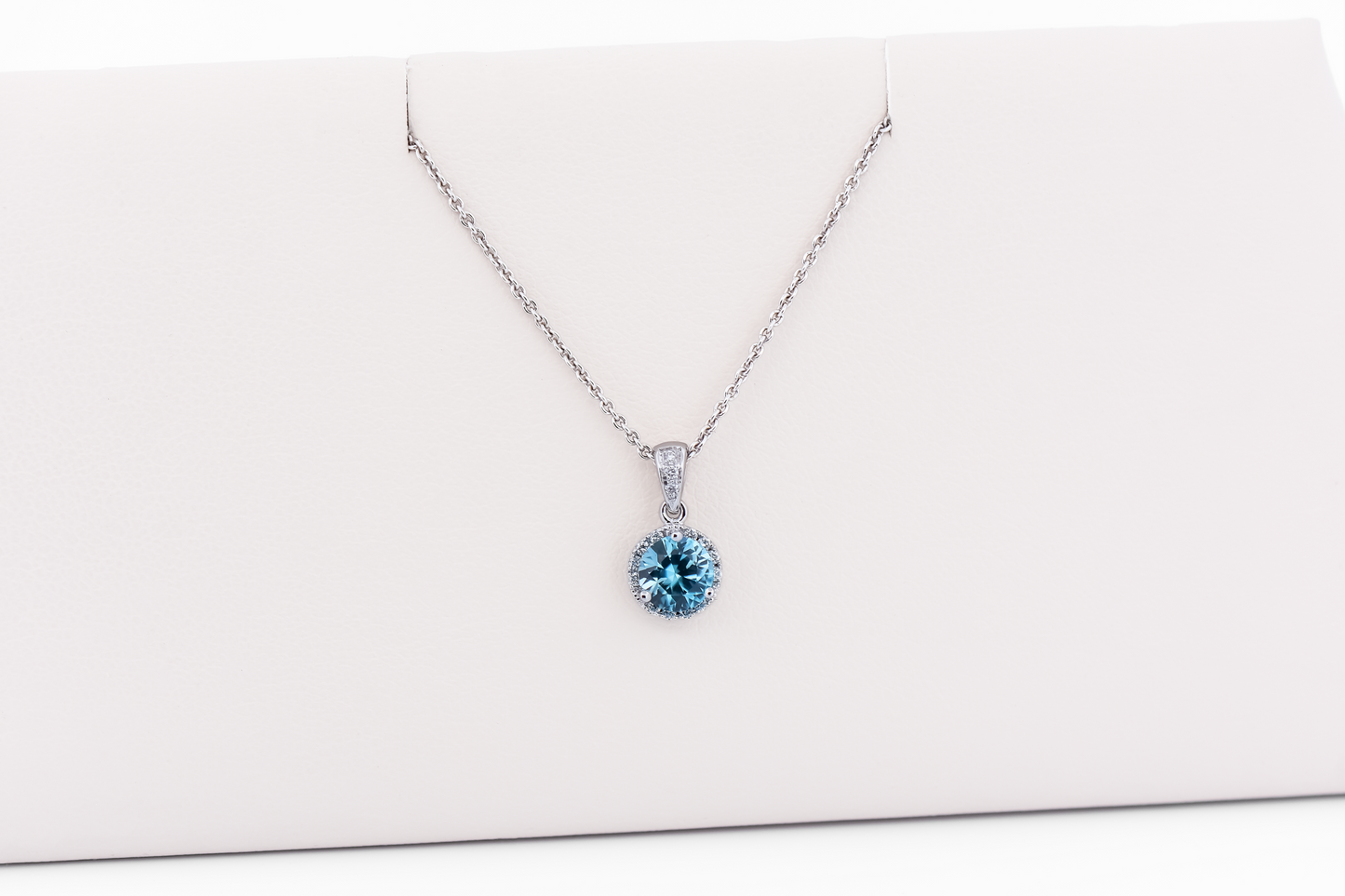 Dainty Round Blue Zircon Pendant with Diamond Halo