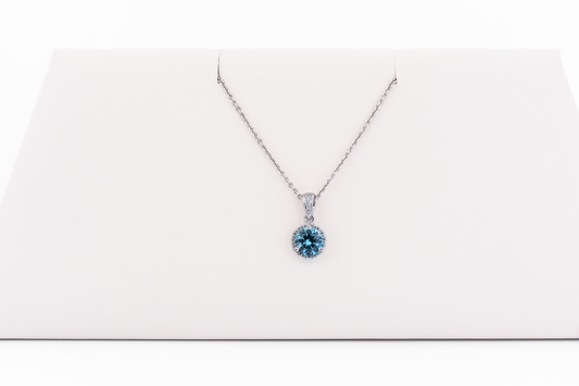 Dainty Round Blue Zircon Pendant with Diamond Halo