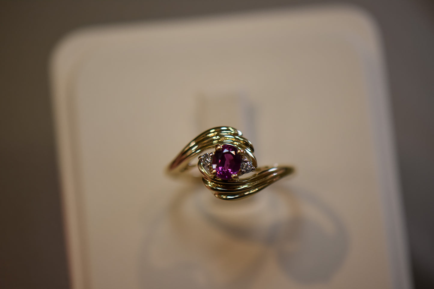Dainty Swirly Bypass Ring with Purple Sapphire & Diamonds