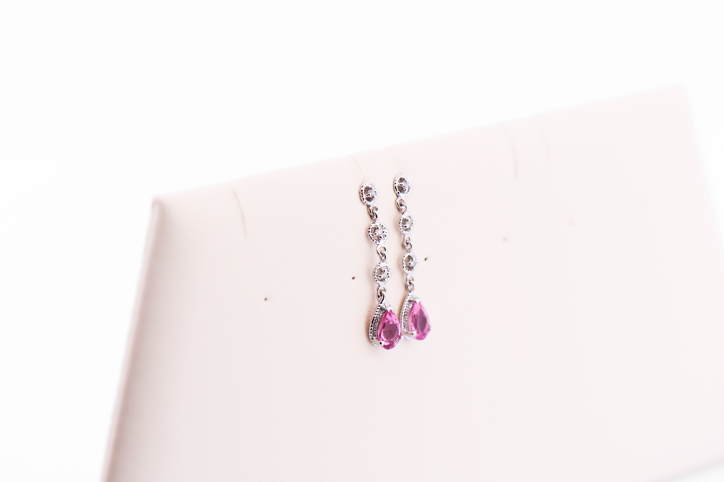 Dainty White Gold Dangle Earrings with Pink Tourmaline & Diamonds