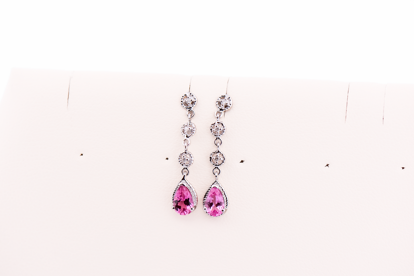 Dainty White Gold Dangle Earrings with Pink Tourmaline & Diamonds