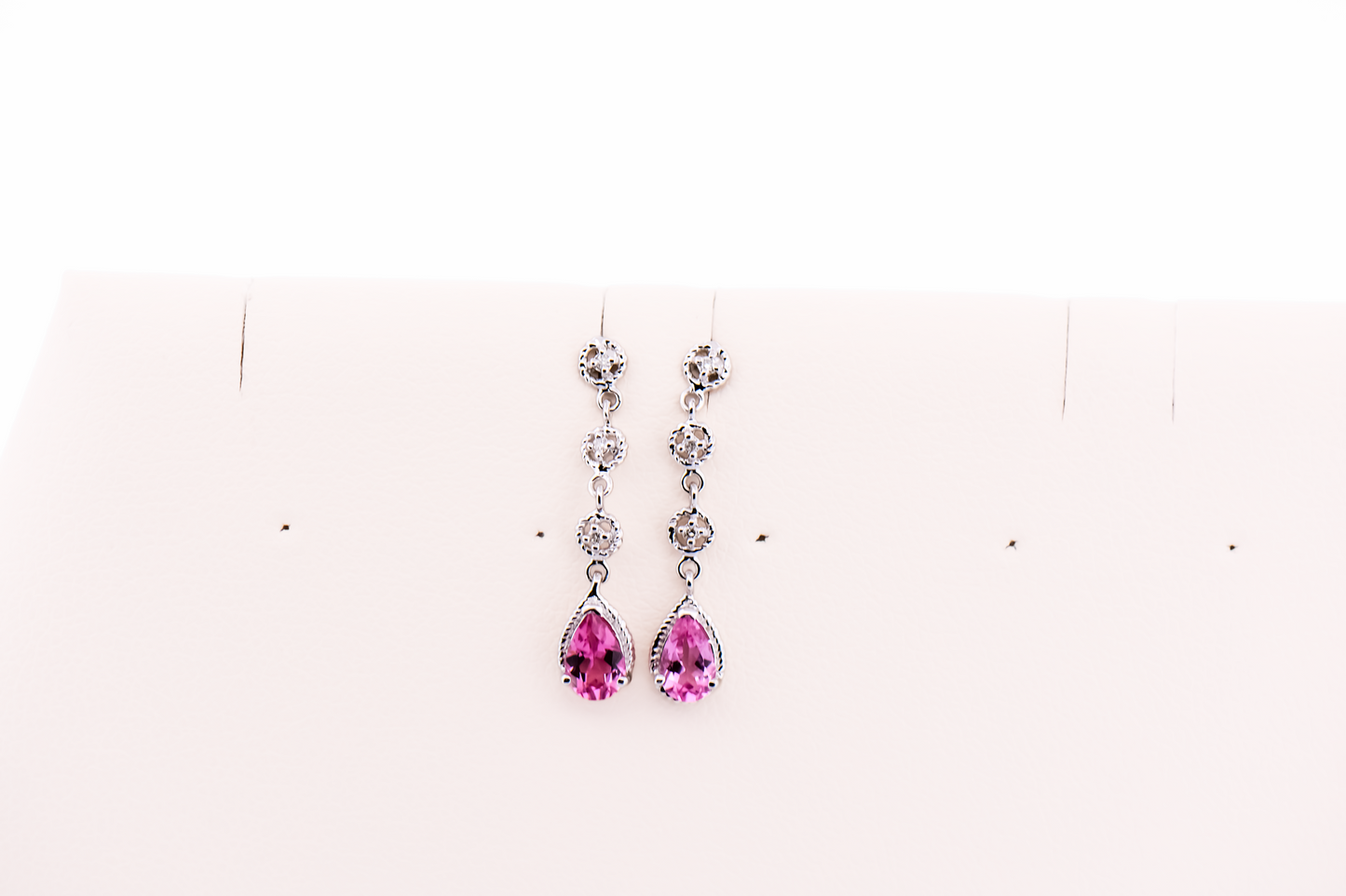Dainty White Gold Dangle Earrings with Pink Tourmaline & Diamonds