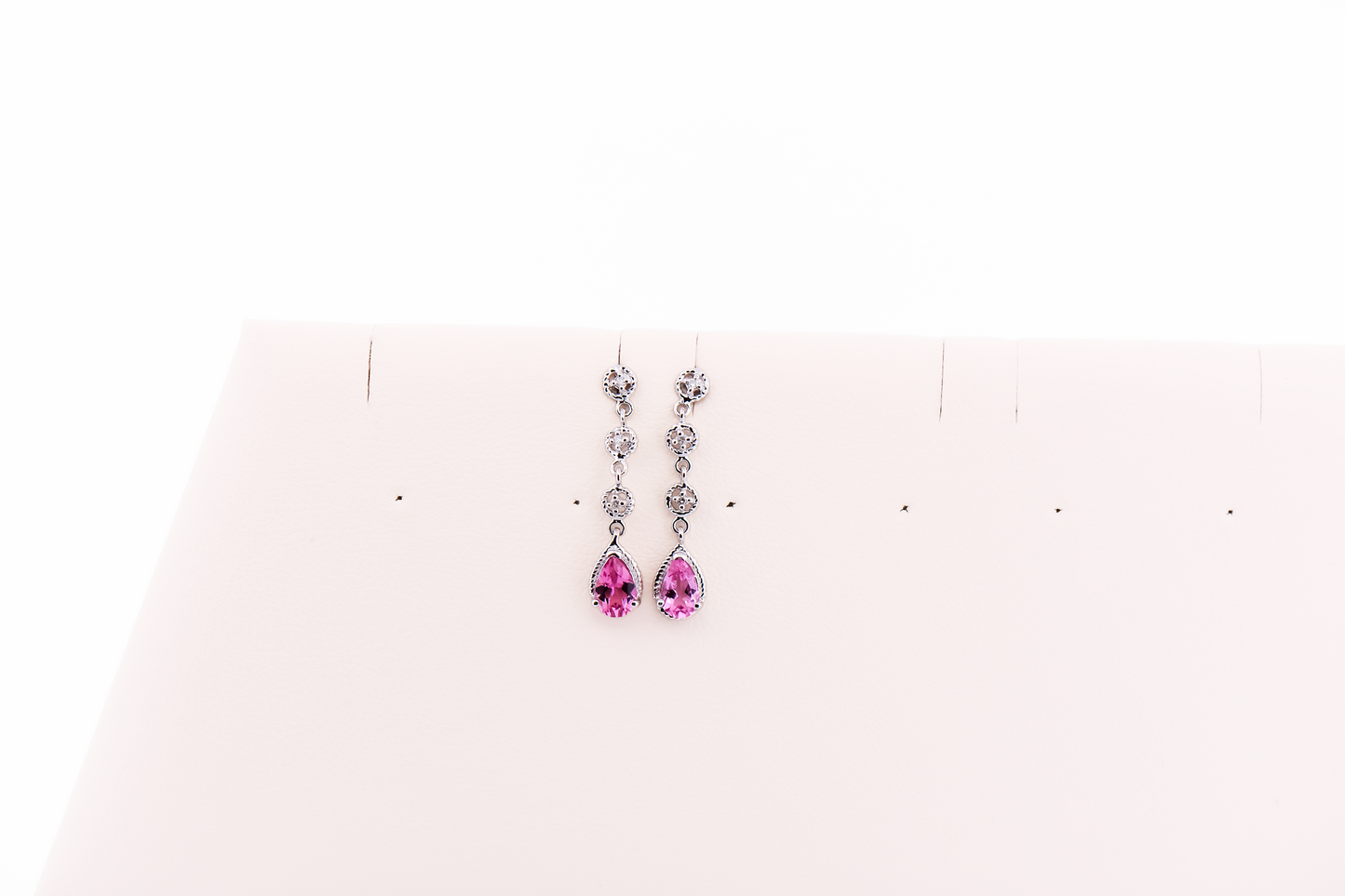 Dainty White Gold Dangle Earrings with Pink Tourmaline & Diamonds