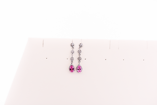 Dainty White Gold Dangle Earrings with Pink Tourmaline & Diamonds