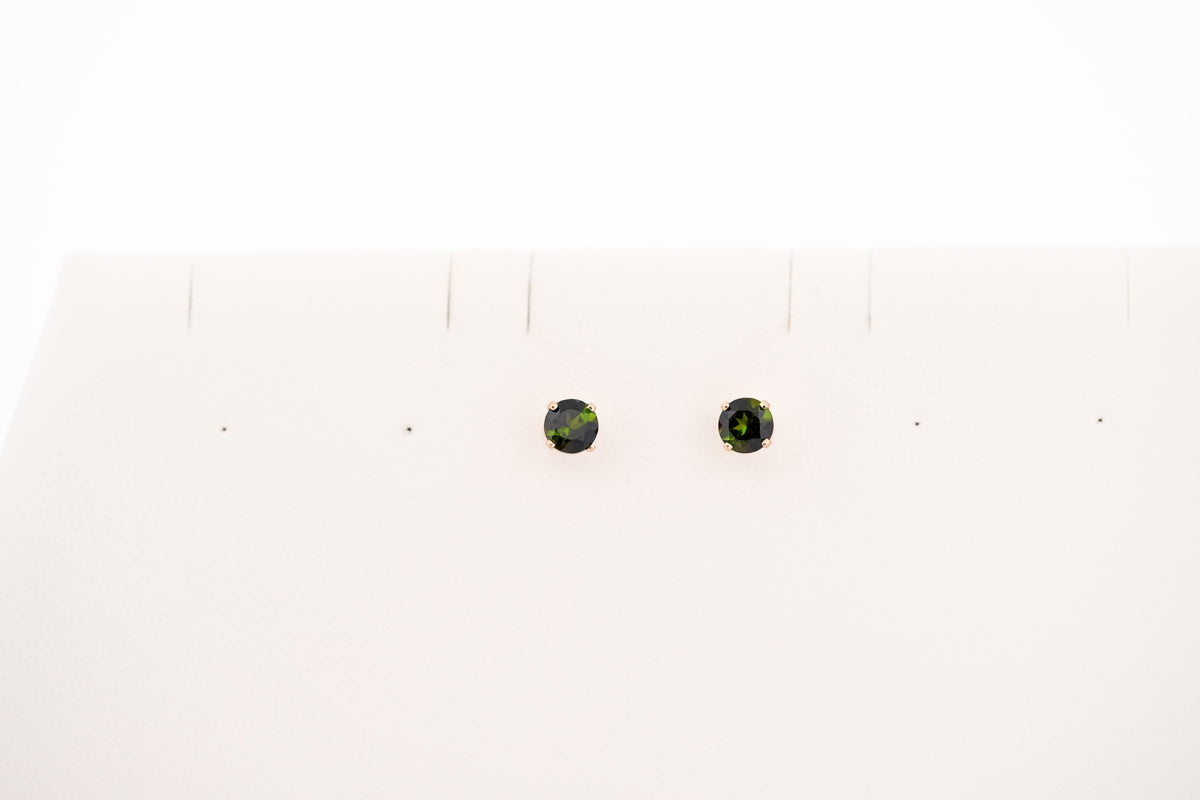 Dark Forest Green Tourmaline Stud Earrings in Yellow Gold