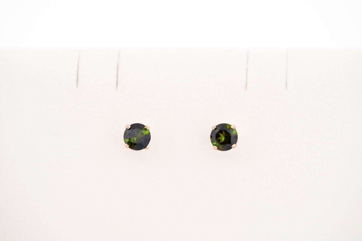 Dark Forest Green Tourmaline Stud Earrings in Yellow Gold