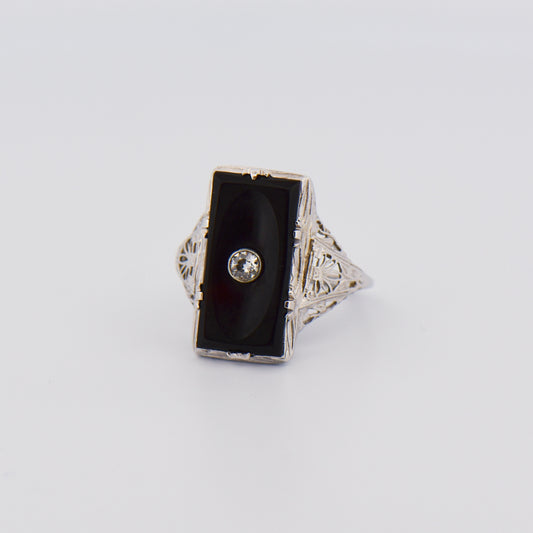 Art Deco Onyx and Diamond Ring with Filigree Details