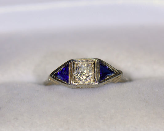 Art Deco Old Mine Cut Diamond Ring with Trilliant Sapphire Accents