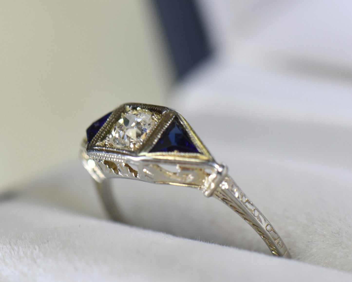 Art Deco Old Mine Cut Diamond Ring with Trilliant Sapphire Accents