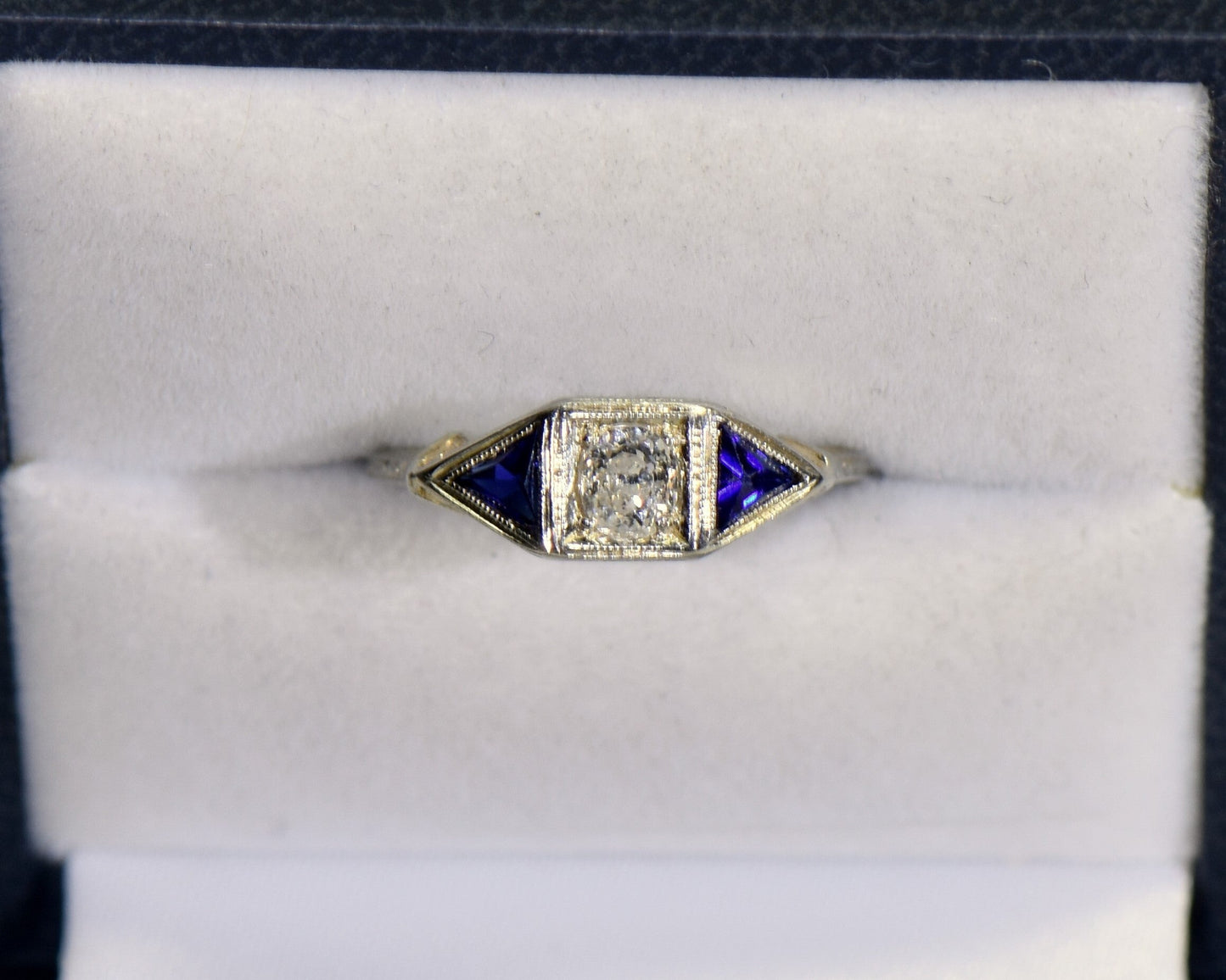 Art Deco Old Mine Cut Diamond Ring with Trilliant Sapphire Accents