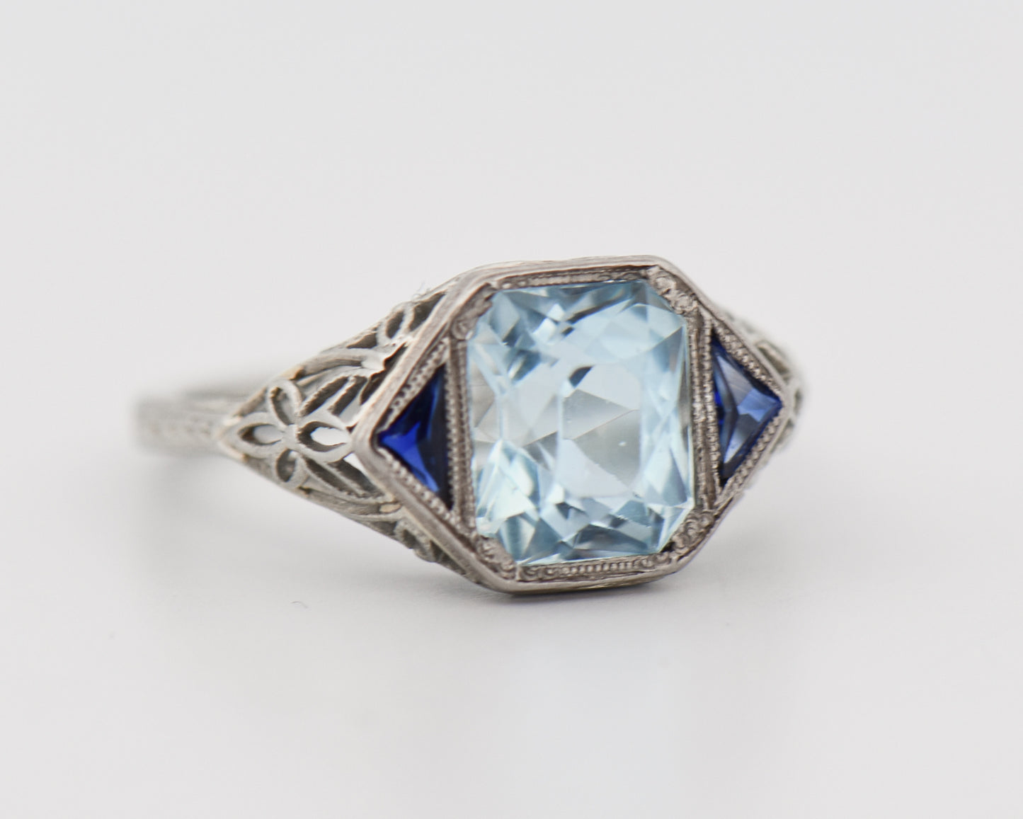 Art Deco Ring with Aquamarine & Sapphires