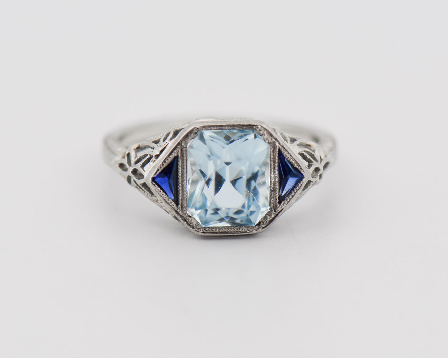 Art Deco Ring with Aquamarine & Sapphires