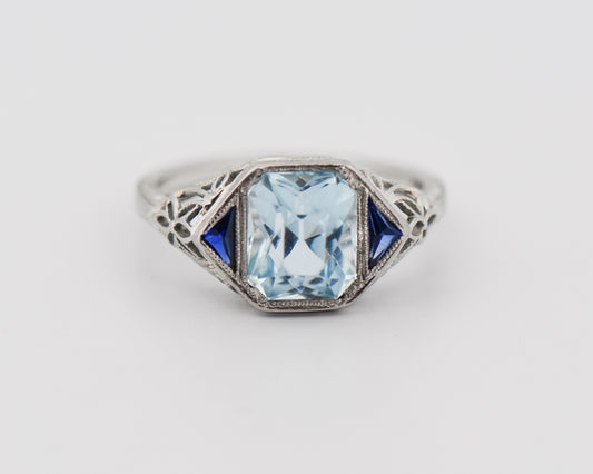 Art Deco Ring with Aquamarine & Sapphires