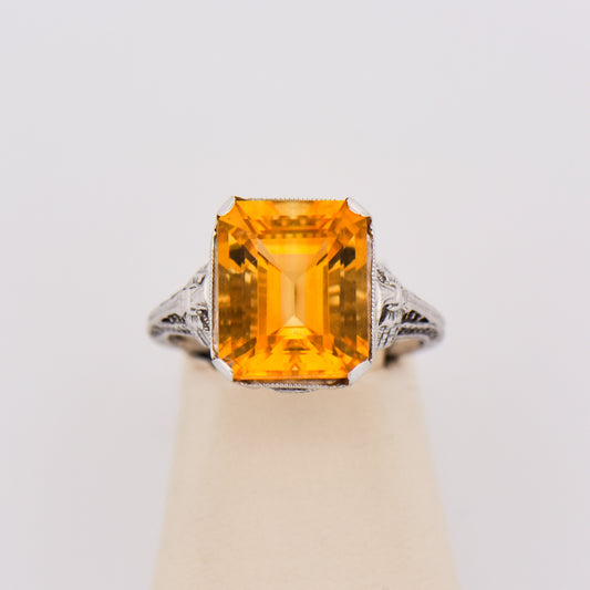 Art Deco Citrine Ring - Emerald Cut with Filigree