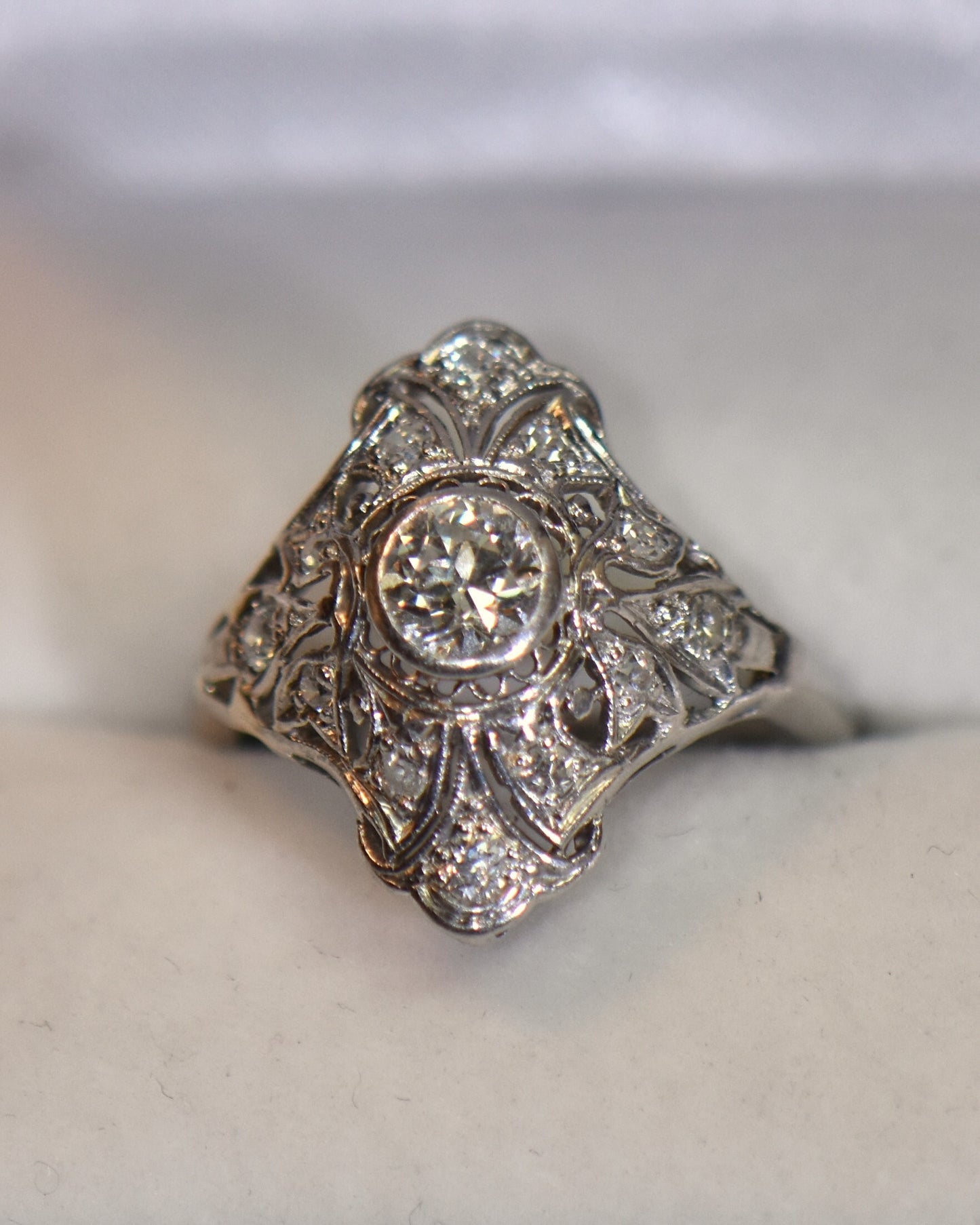 Nouveau Platinum Filigree & Diamond Cocktail Ring