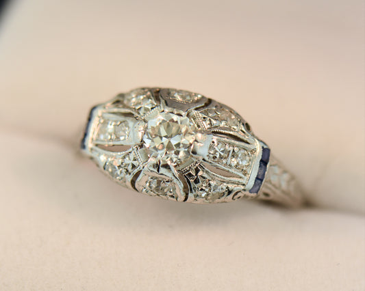 Art Deco Low Profile Diamond & Sapphire Engagement Ring
