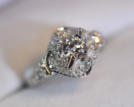 Sculptural Platinum Art Deco Diamond Engagement Ring