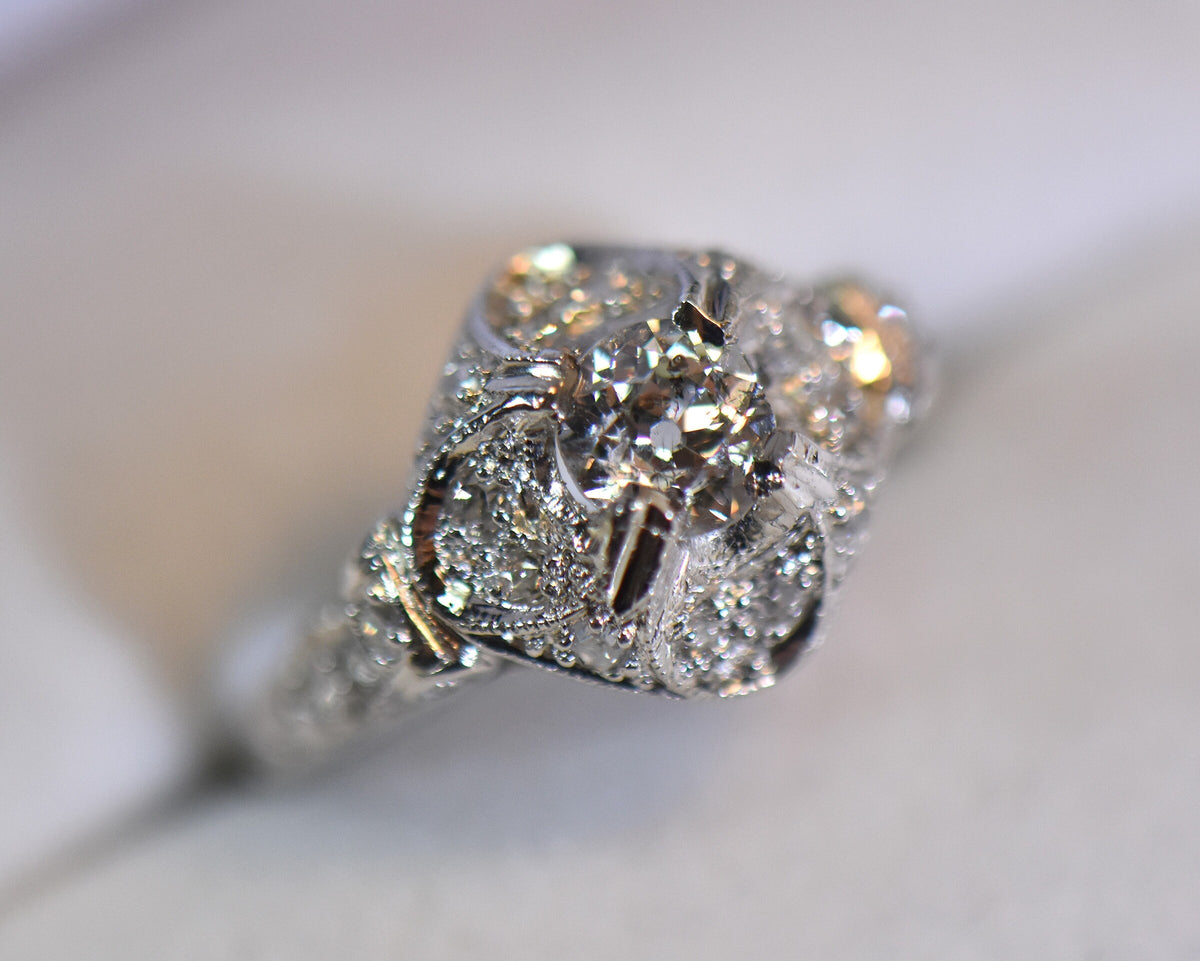 Sculptural Platinum Art Deco Diamond Engagement Ring