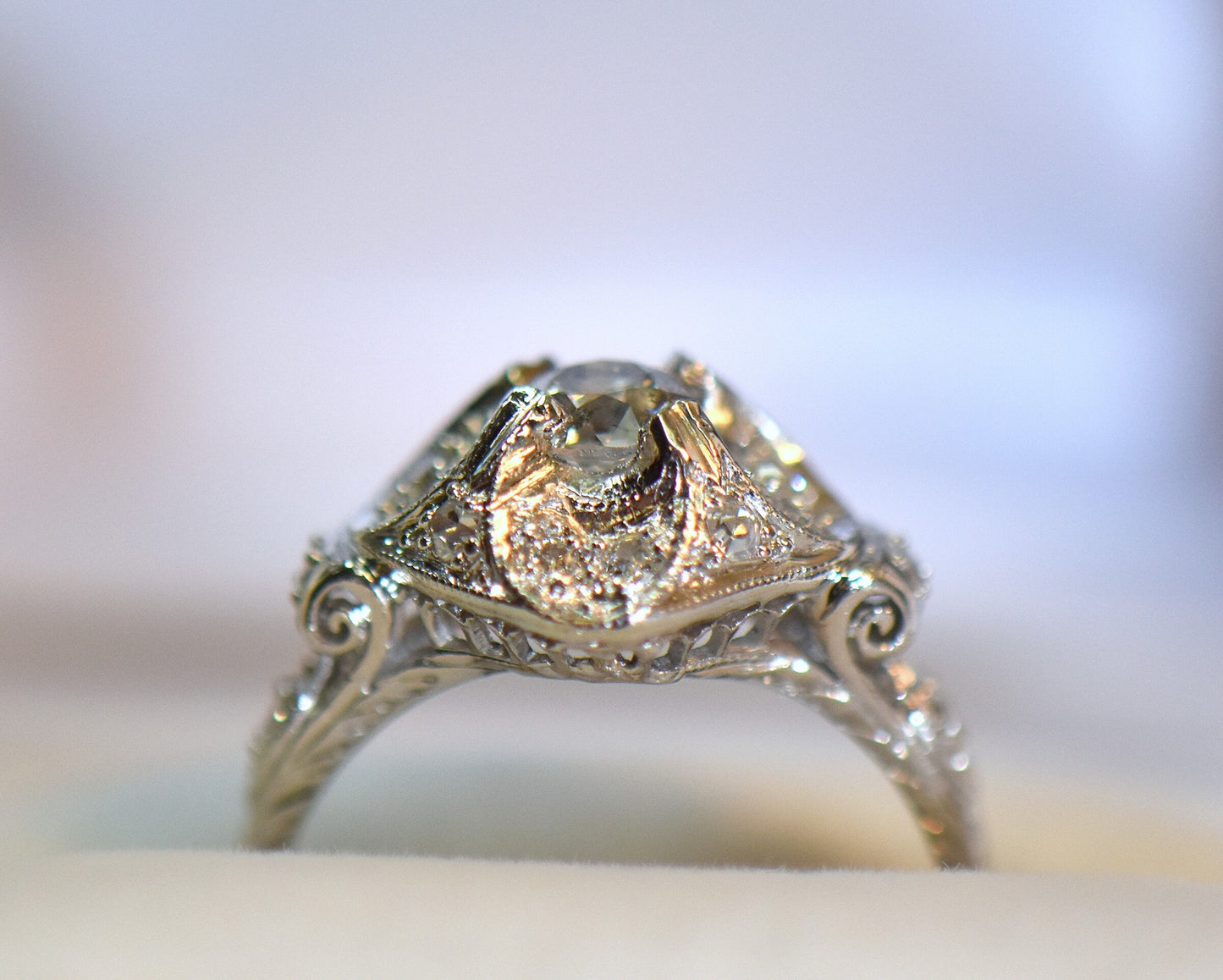Sculptural Platinum Art Deco Diamond Engagement Ring