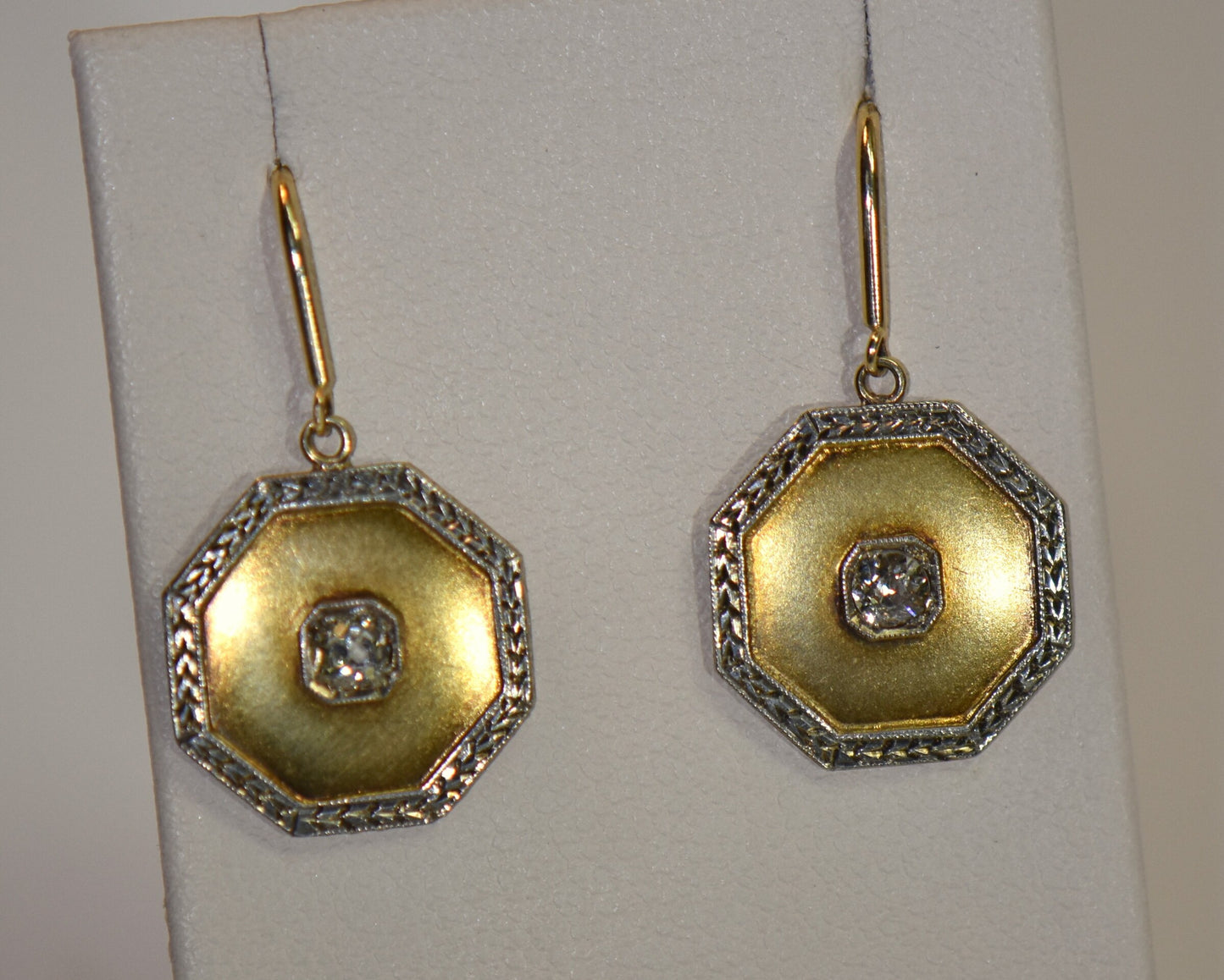 Vintage Octagonal Gold Dangle Earrings with Diamond Centers