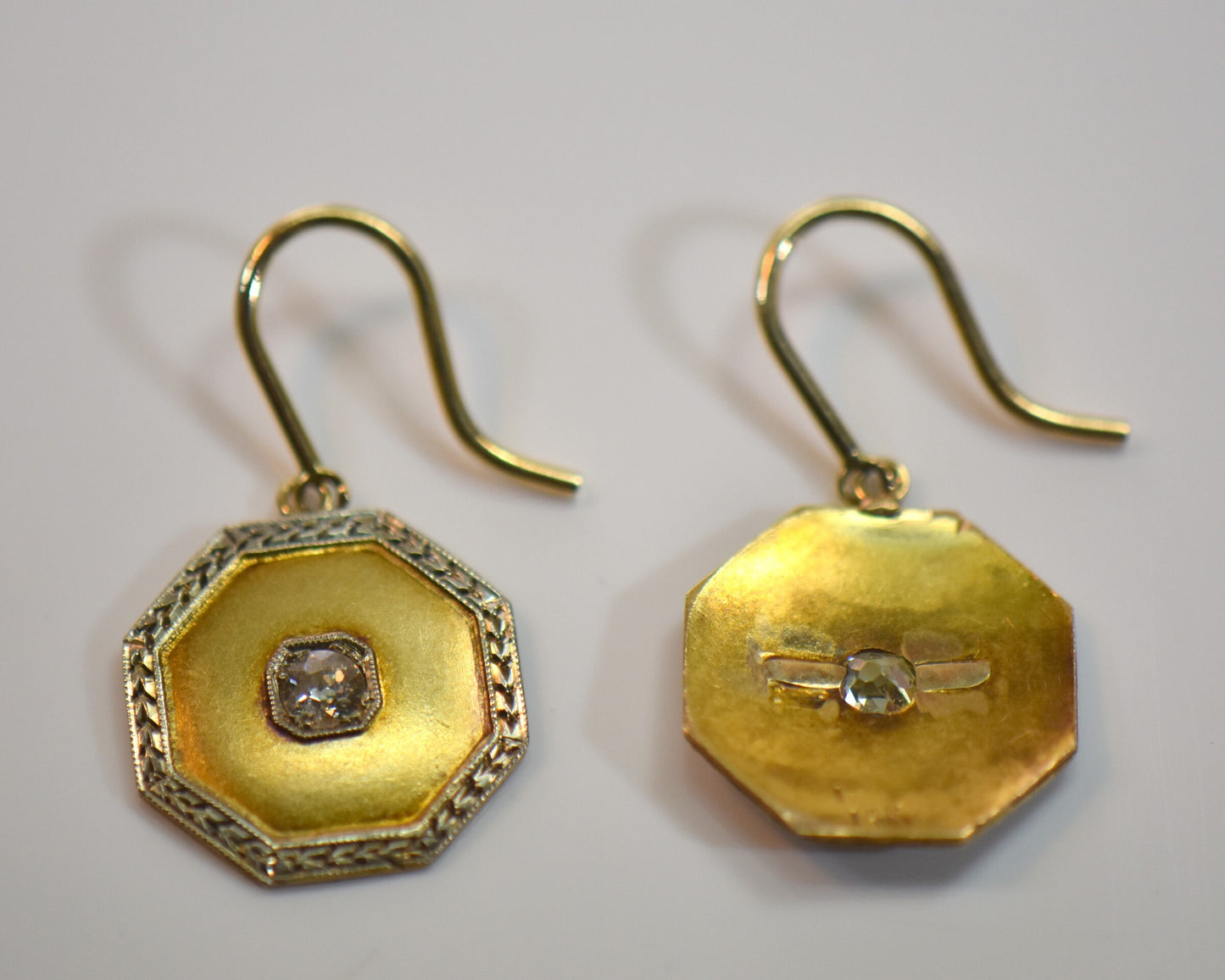 Vintage Octagonal Gold Dangle Earrings with Diamond Centers