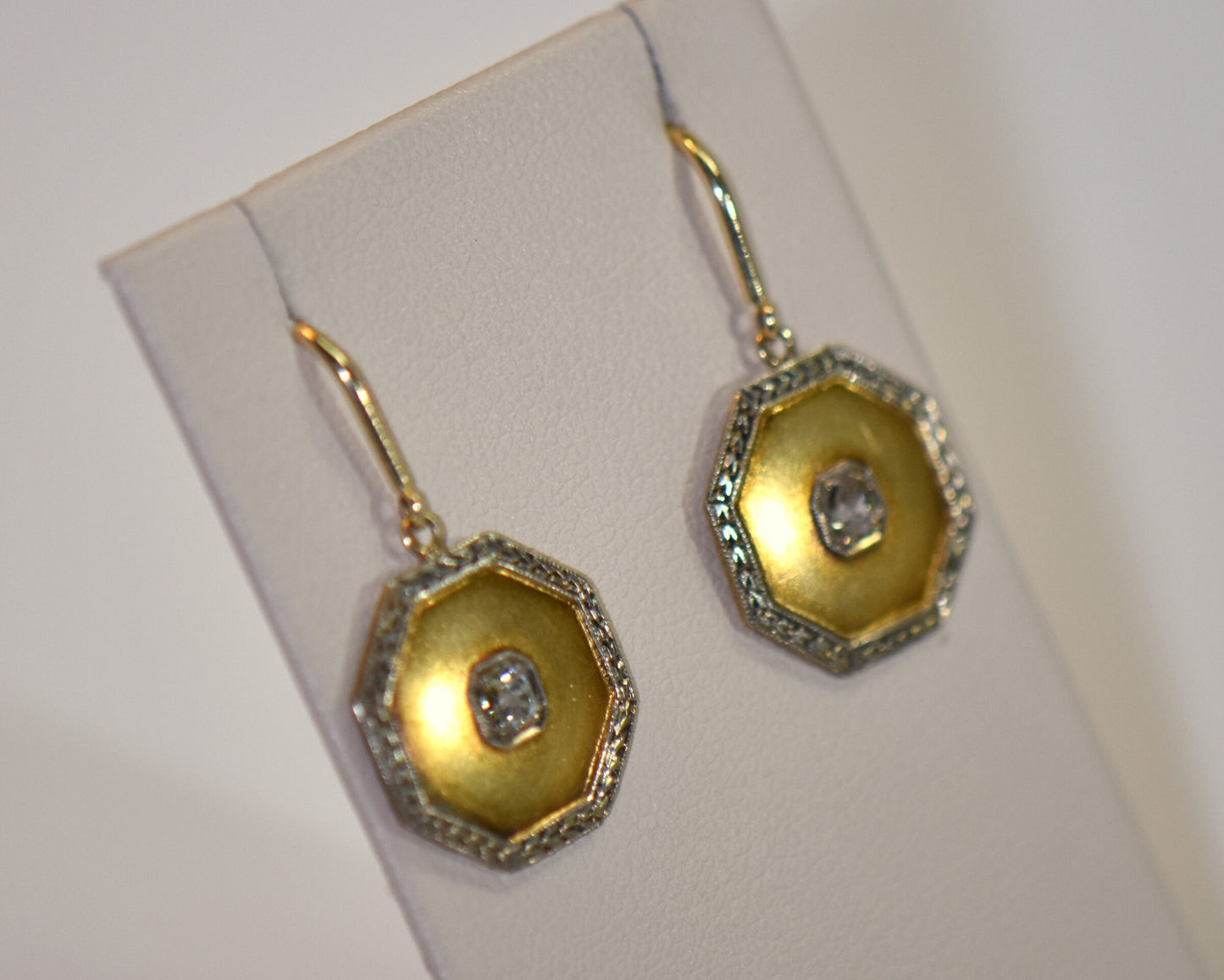 Vintage Octagonal Gold Dangle Earrings with Diamond Centers