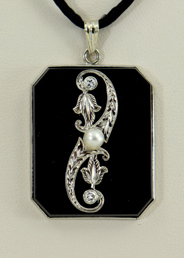 Sizable Art Deco Onyx, Pearl & Diamond Pendant