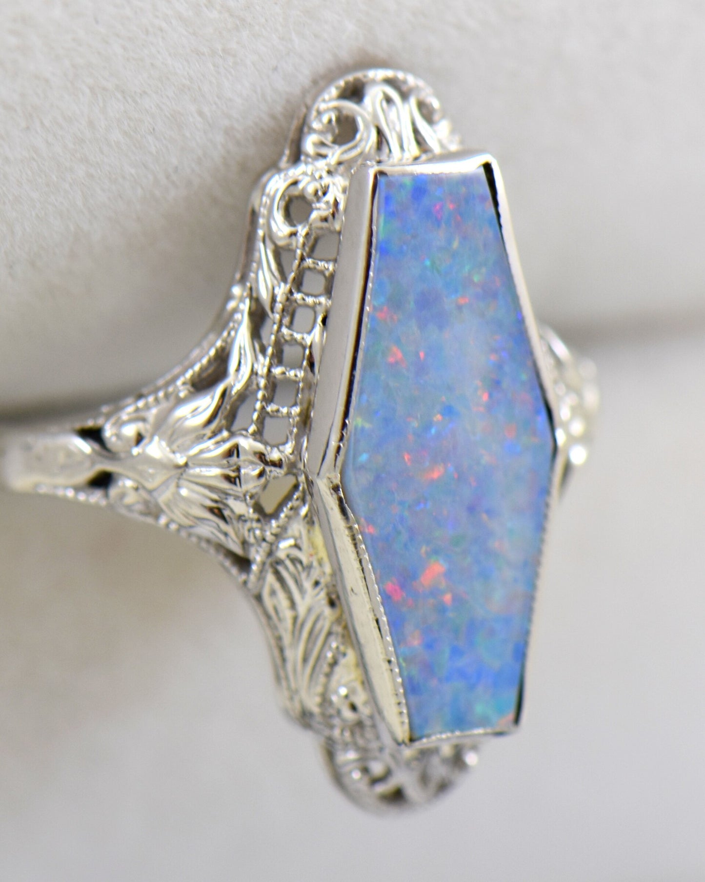 White Gold Art Deco Filigree Ring with Hexagonal Opal
