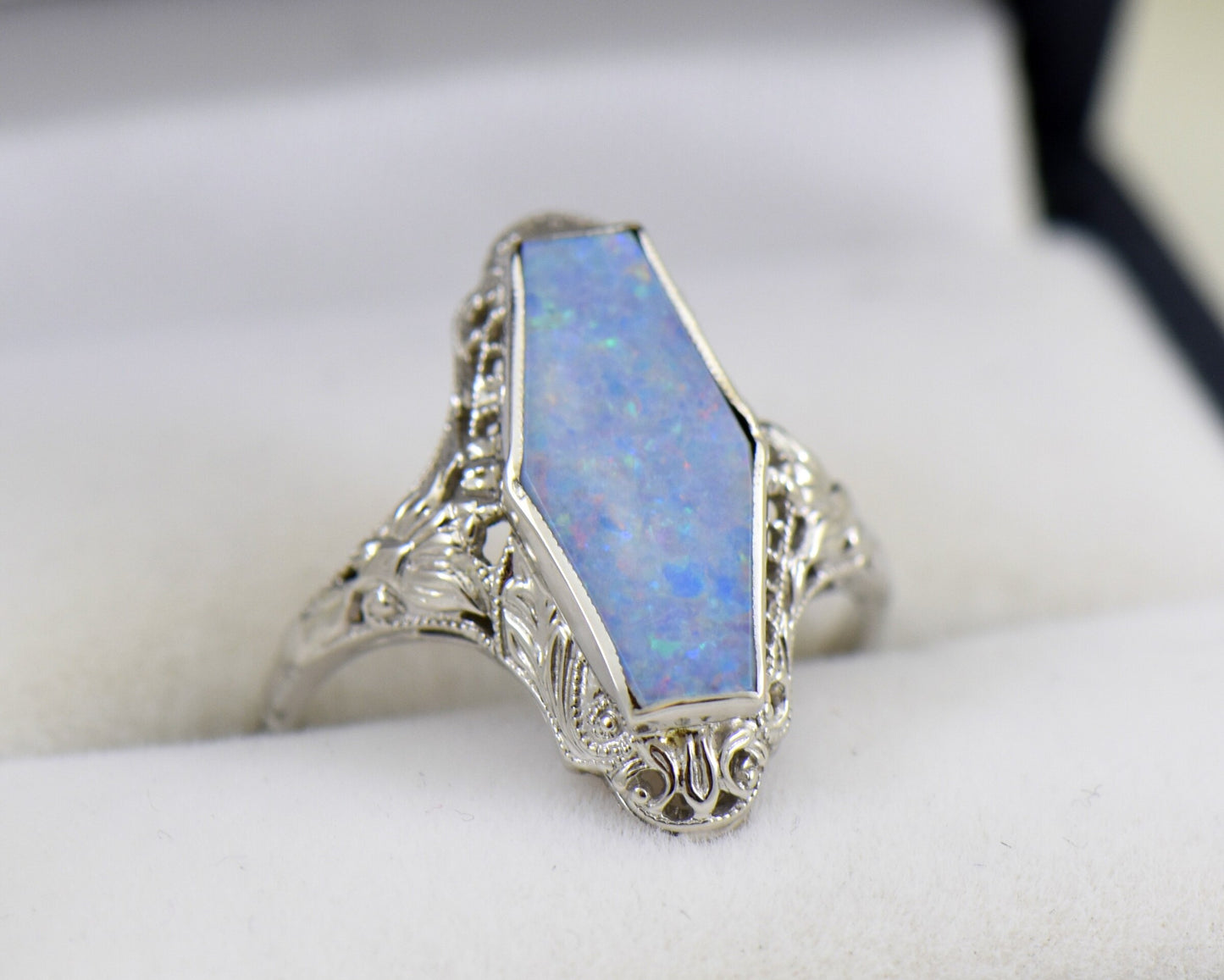 White Gold Art Deco Filigree Ring with Hexagonal Opal