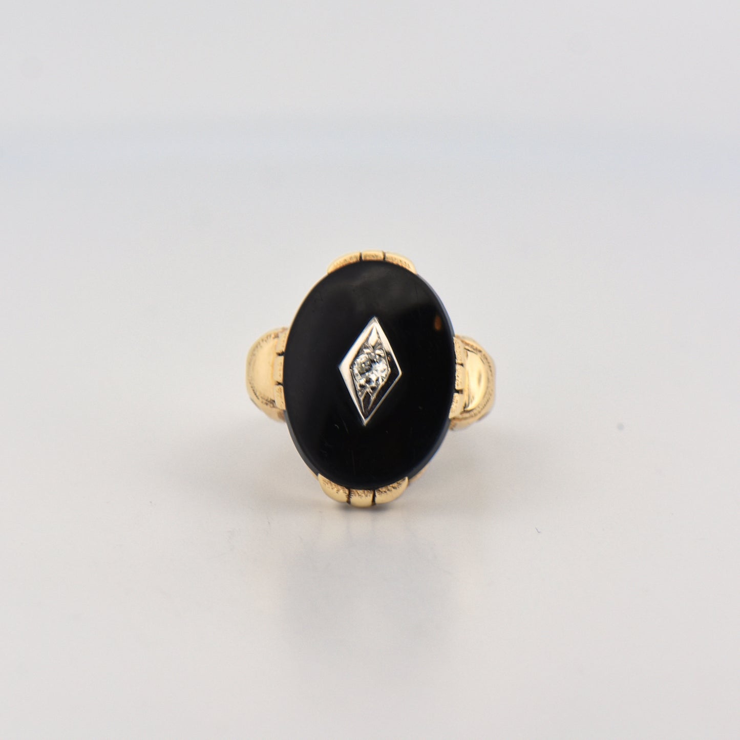 Deco Oval Tablet Onyx Ring with Diamond Center