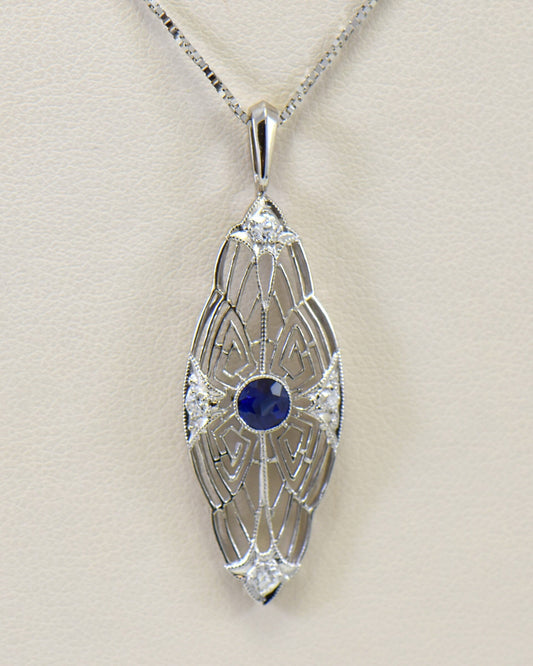 Art Deco Platinum Pendant with Blue Sapphire & Diamonds