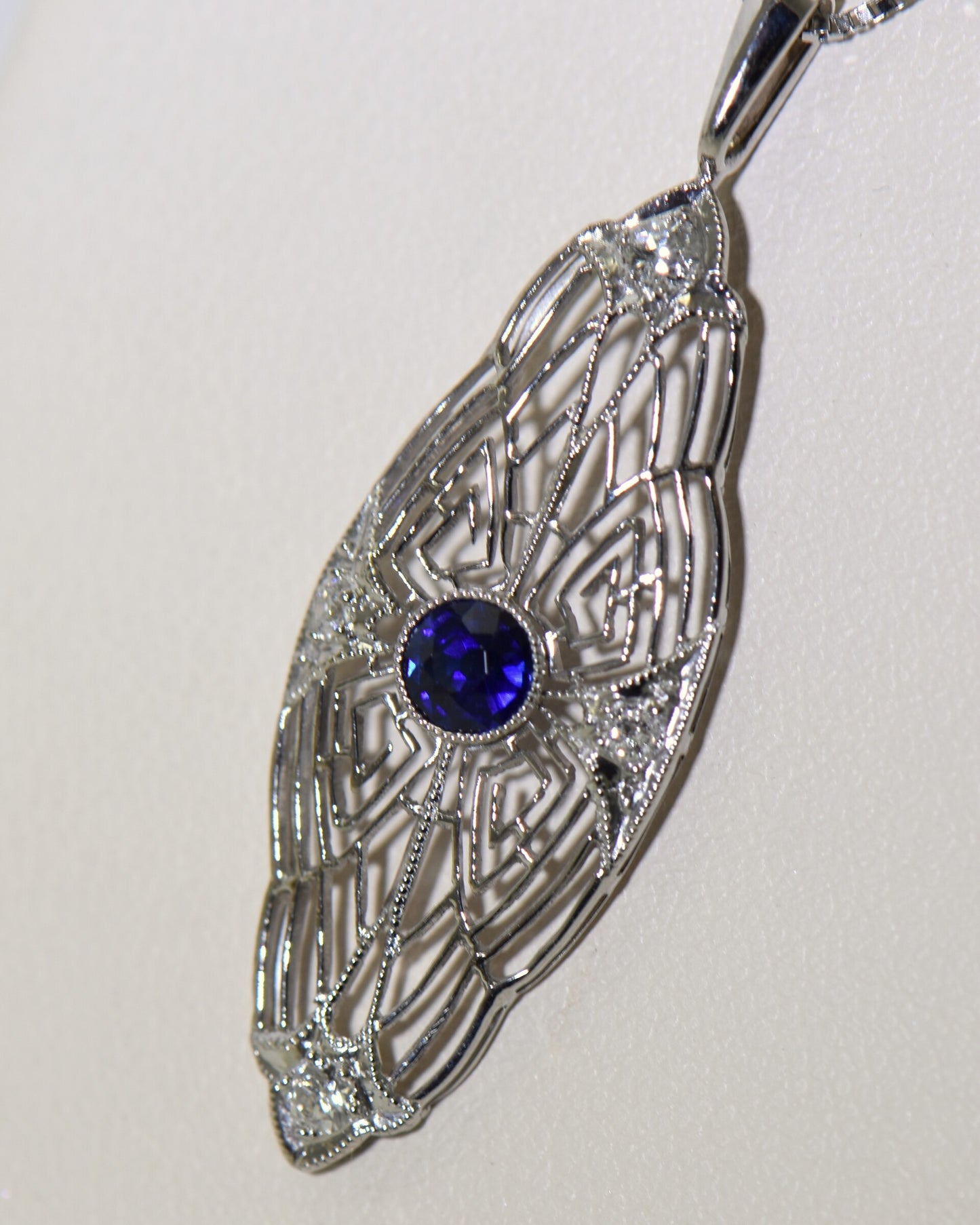 Art Deco Platinum Pendant with Blue Sapphire & Diamonds