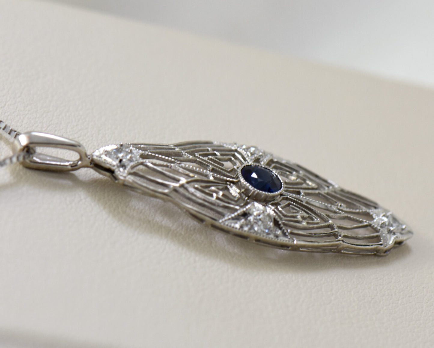 Art Deco Platinum Pendant with Blue Sapphire & Diamonds