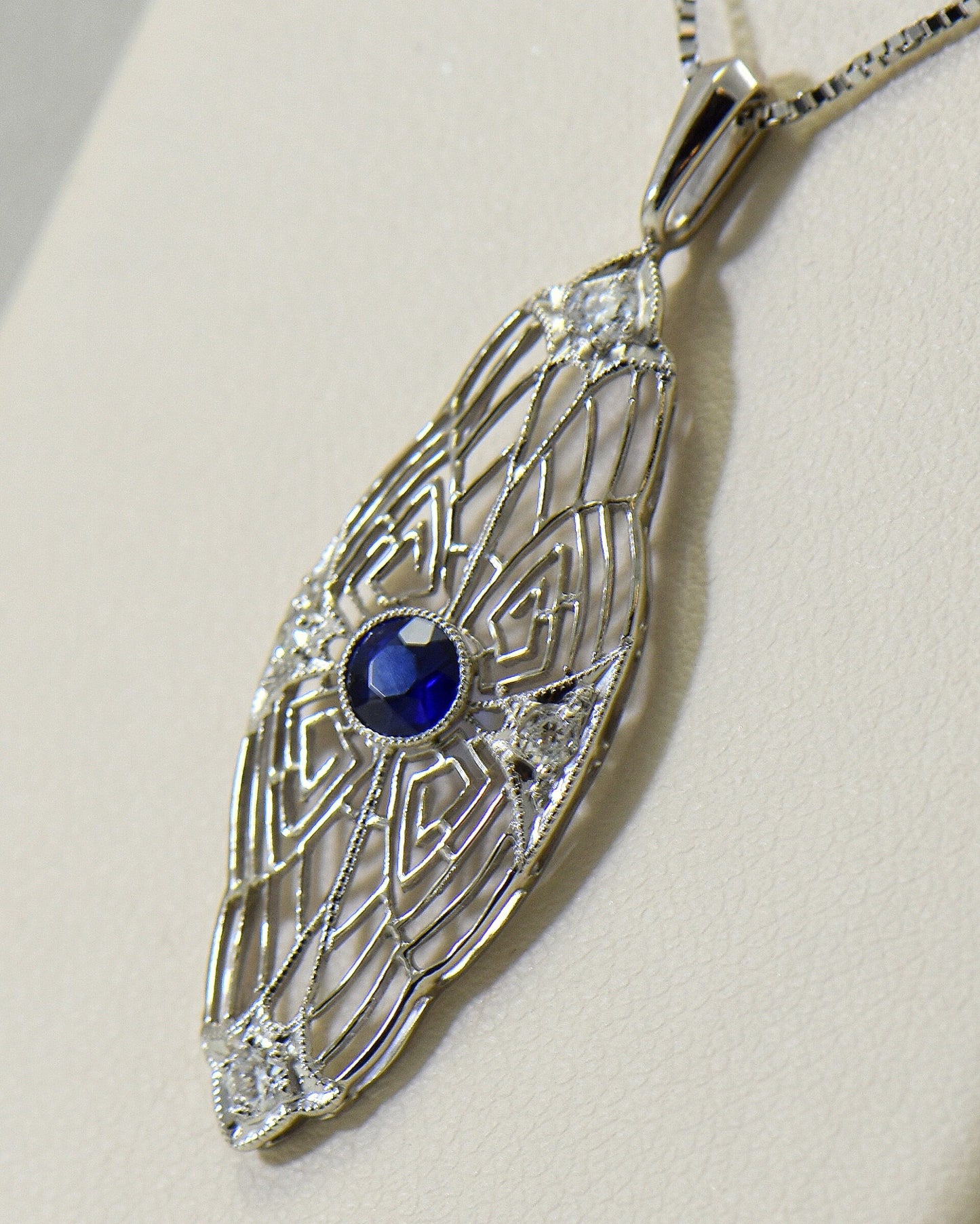 Art Deco Platinum Pendant with Blue Sapphire & Diamonds