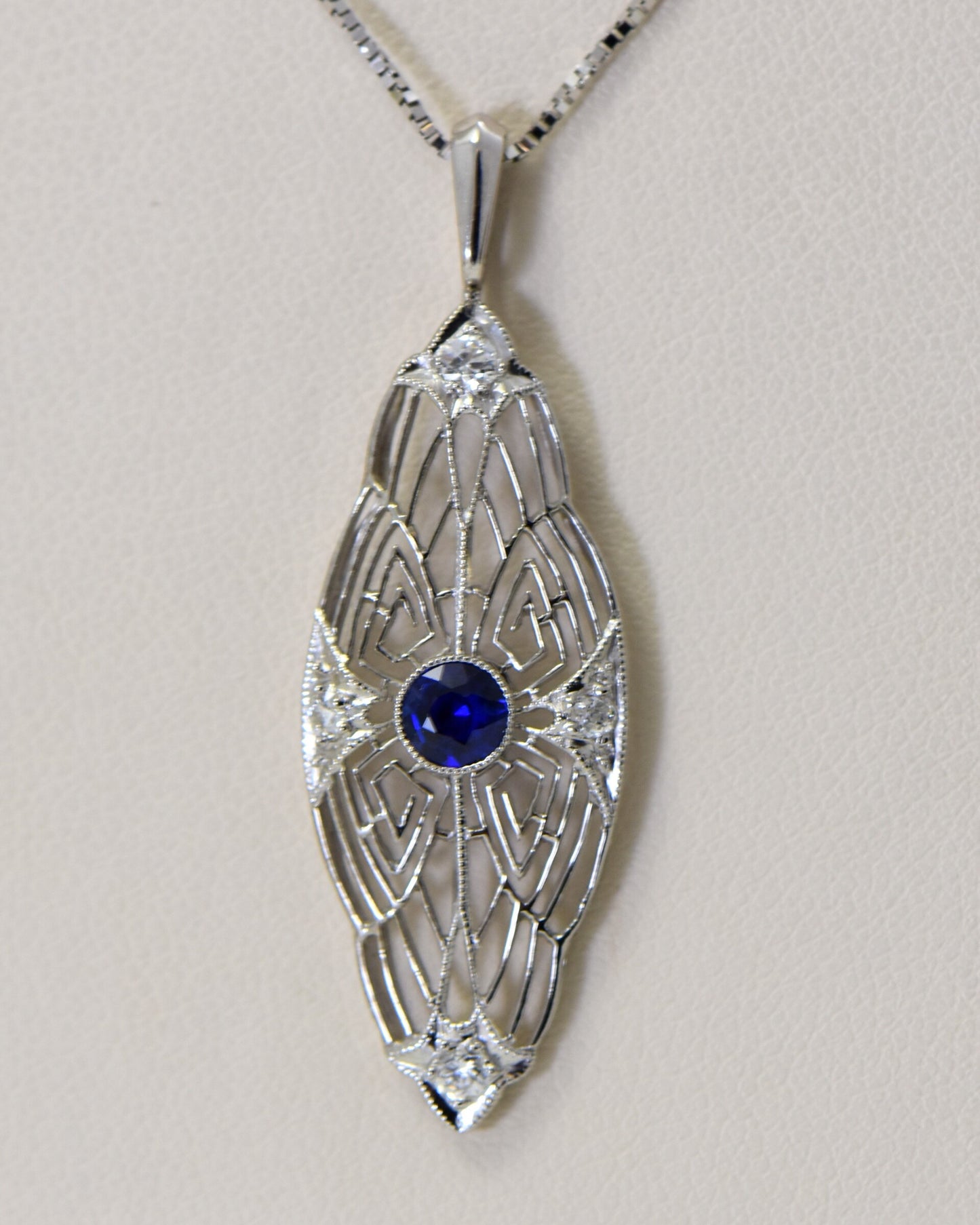 Art Deco Platinum Pendant with Blue Sapphire & Diamonds