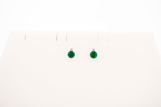Deep Green Emerald Stud Earrings with Diamond Accents