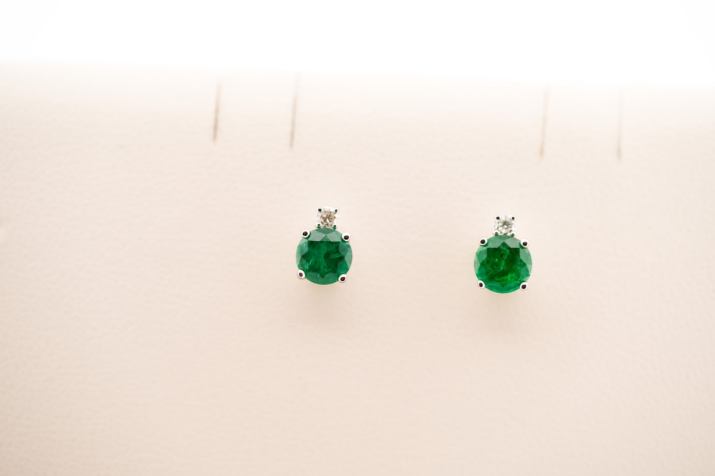 Deep Green Emerald Stud Earrings with Diamond Accents