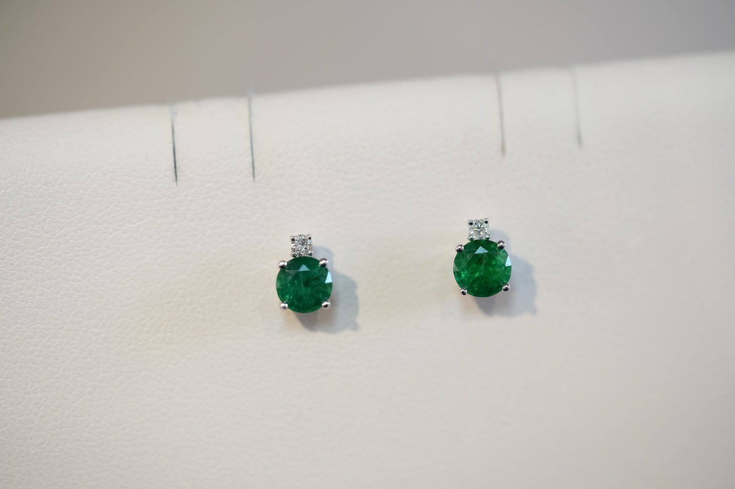 Deep Green Emerald Stud Earrings with Diamond Accents