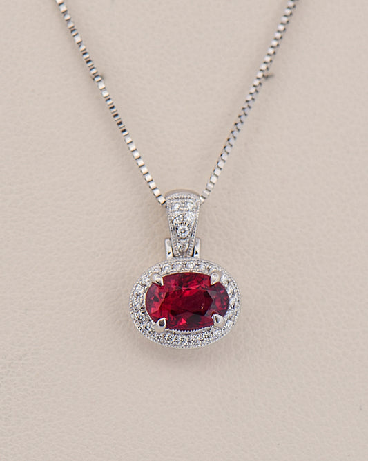 Deep Red Spinel Halo Pendant in White Gold