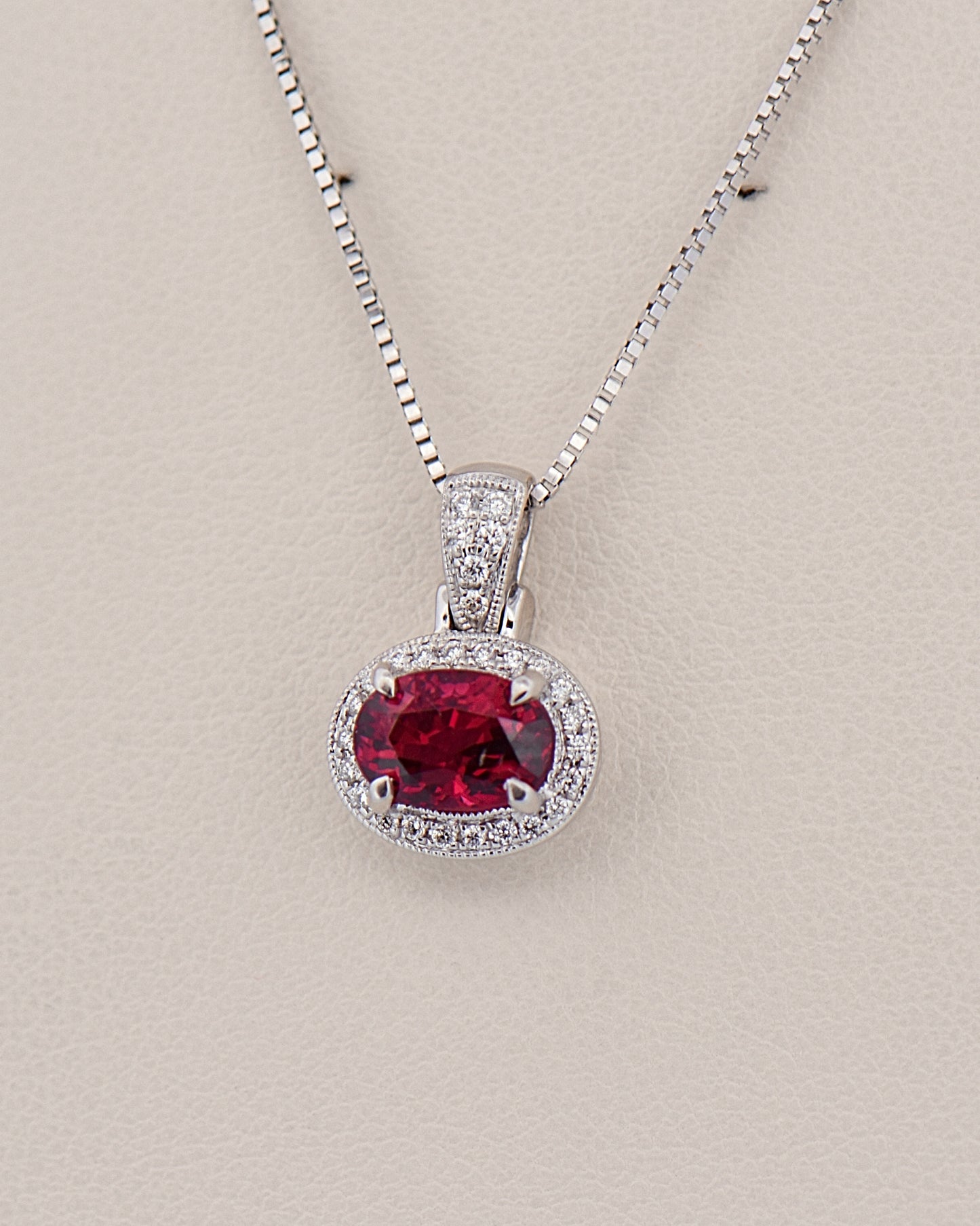 Deep Red Spinel Halo Pendant in White Gold