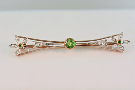 Antique Russian Demantoid & Rose Cut Diamond Bar Pin Brooch