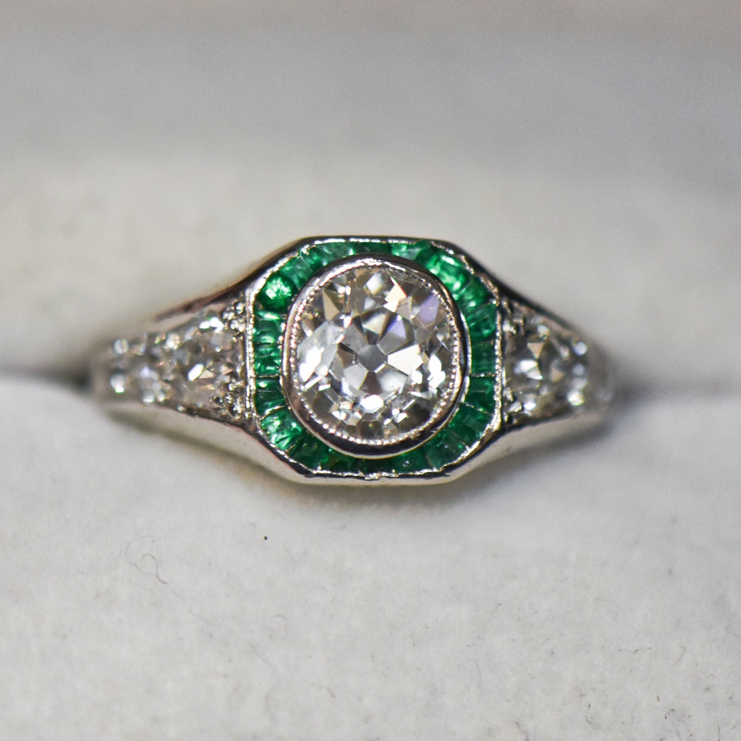 Art Deco Target Ring with Emeralds & Mine Cut Diamonds