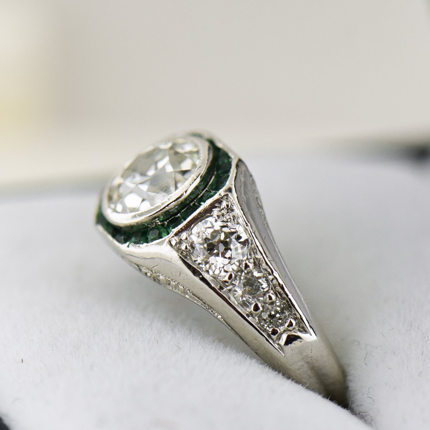 Art Deco Target Ring with Emeralds & Mine Cut Diamonds