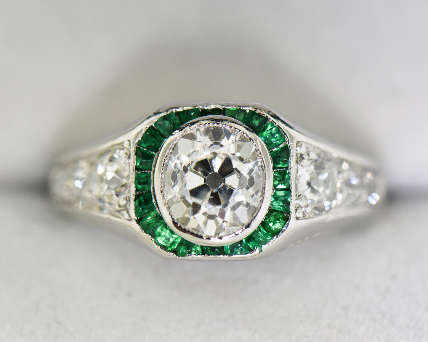 Art Deco Target Ring with Emeralds & Mine Cut Diamonds