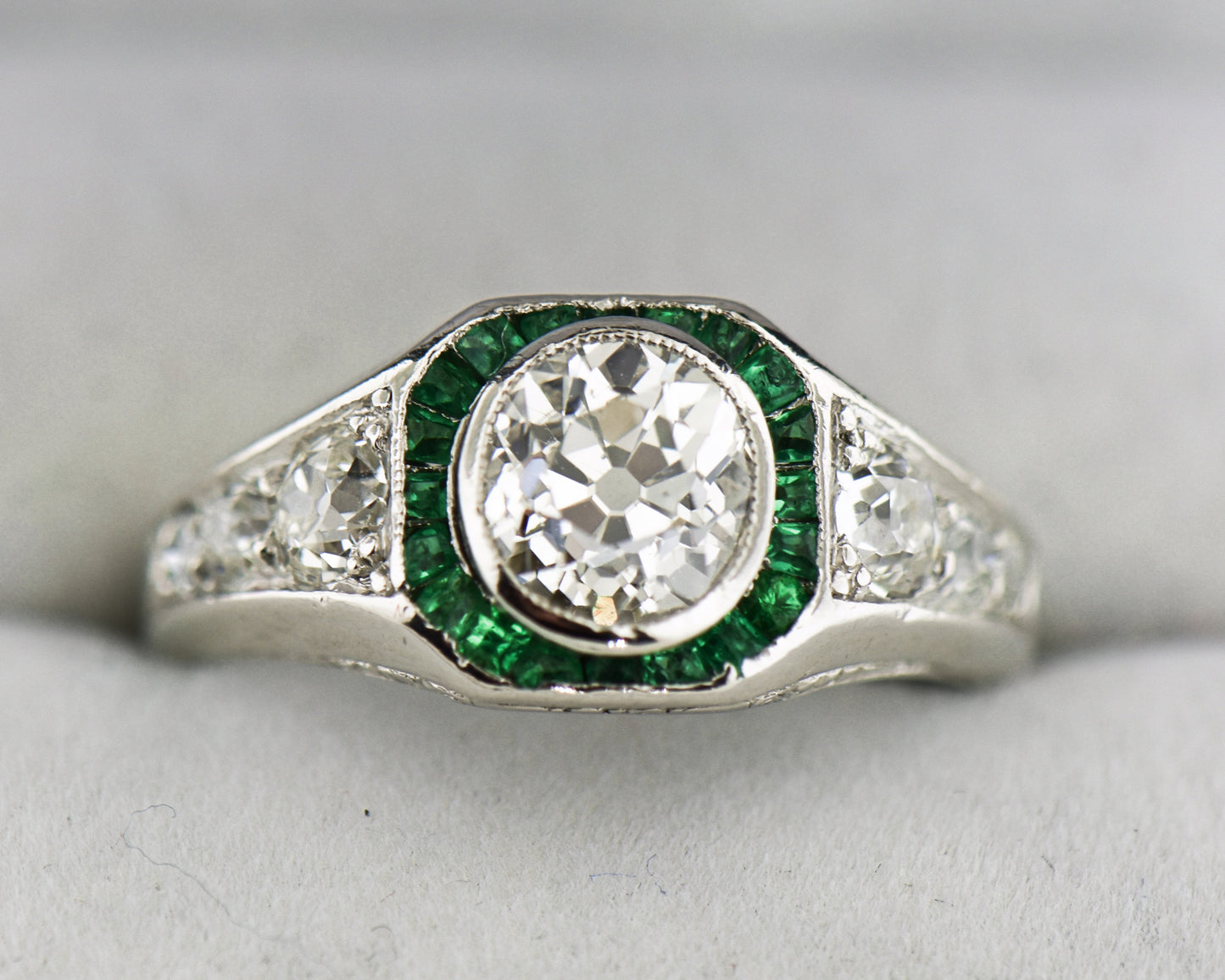 Art Deco Target Ring with Emeralds & Mine Cut Diamonds